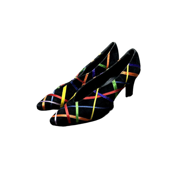 Pazzo Women's Black Multicolor Faux Suede 80's Punk Retro Heels Size 6.5B - Picture 1 of 15